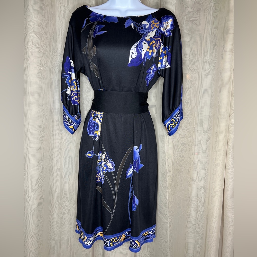 Elie Tahari Silk Orchid Floral Dress Obi Sash Kimono Retro Japanese Asian S/P